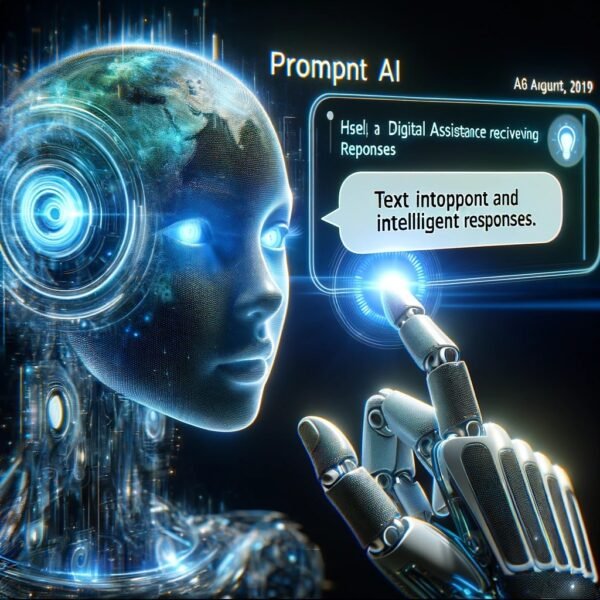 Human-like AI: A humanoid figure with a glowing, transparent head, showcasing a circuit-like pattern, symbolizing intelligence and technology integration. Holographic Text and Interface: Text on the screen includes phrases such as “Prompt AI” and “Text into prompt and intelligent responses,” emphasizing the AI's role in generating intelligent responses. Robotic Hand: A robotic hand interacts with the interface, illustrating the AI’s functional and tactile capabilities. Glowing Effects: Blue, glowing elements throughout the image enhance the futuristic theme. Global Connectivity: A partial view of Earth on the humanoid's head hints at worldwide AI accessibility.